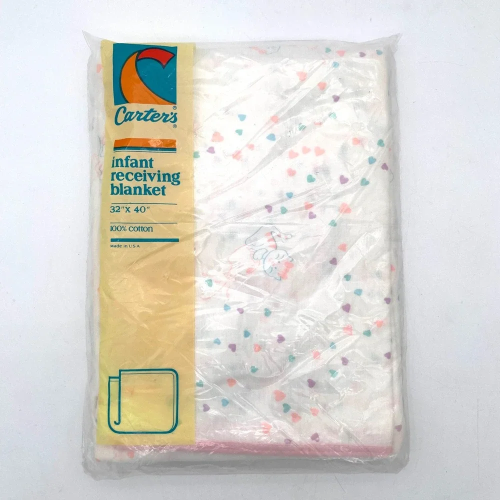 Carter's Receiving Blanket Cotton Infant OS White NWT Vintage Heart Cat USA